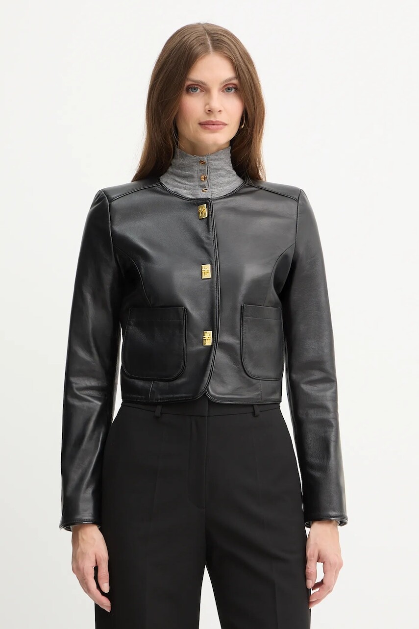 Kožená bunda Elisabetta Franchi čierna farba, prechodná, GD52Z56E2