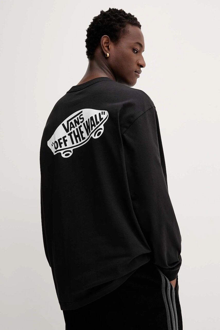 Bavlnené tričko s dlhým rukávom Vans čierna farba, s potlačou, VN000R7AY281