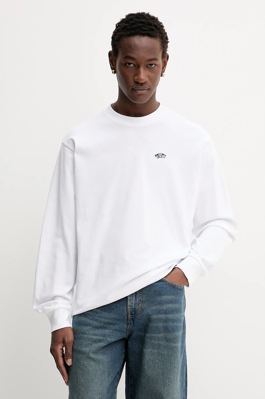 Bavlnené tričko s dlhým rukávom Vans biela farba, s potlačou, VN000R7AYB21