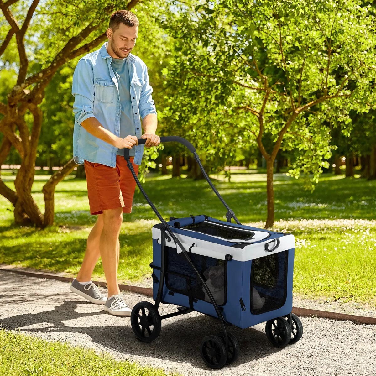 Kočárek a vozík pro psy a kočky 2v1, modrobílý