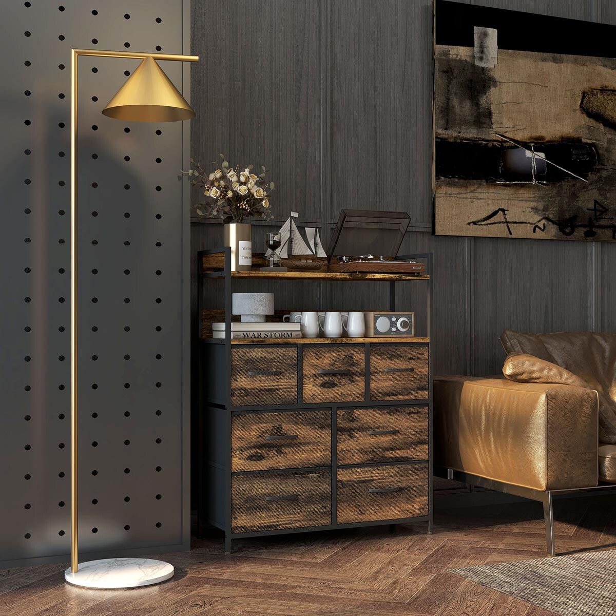 Komoda se zásuvkami a policemi, vysoká