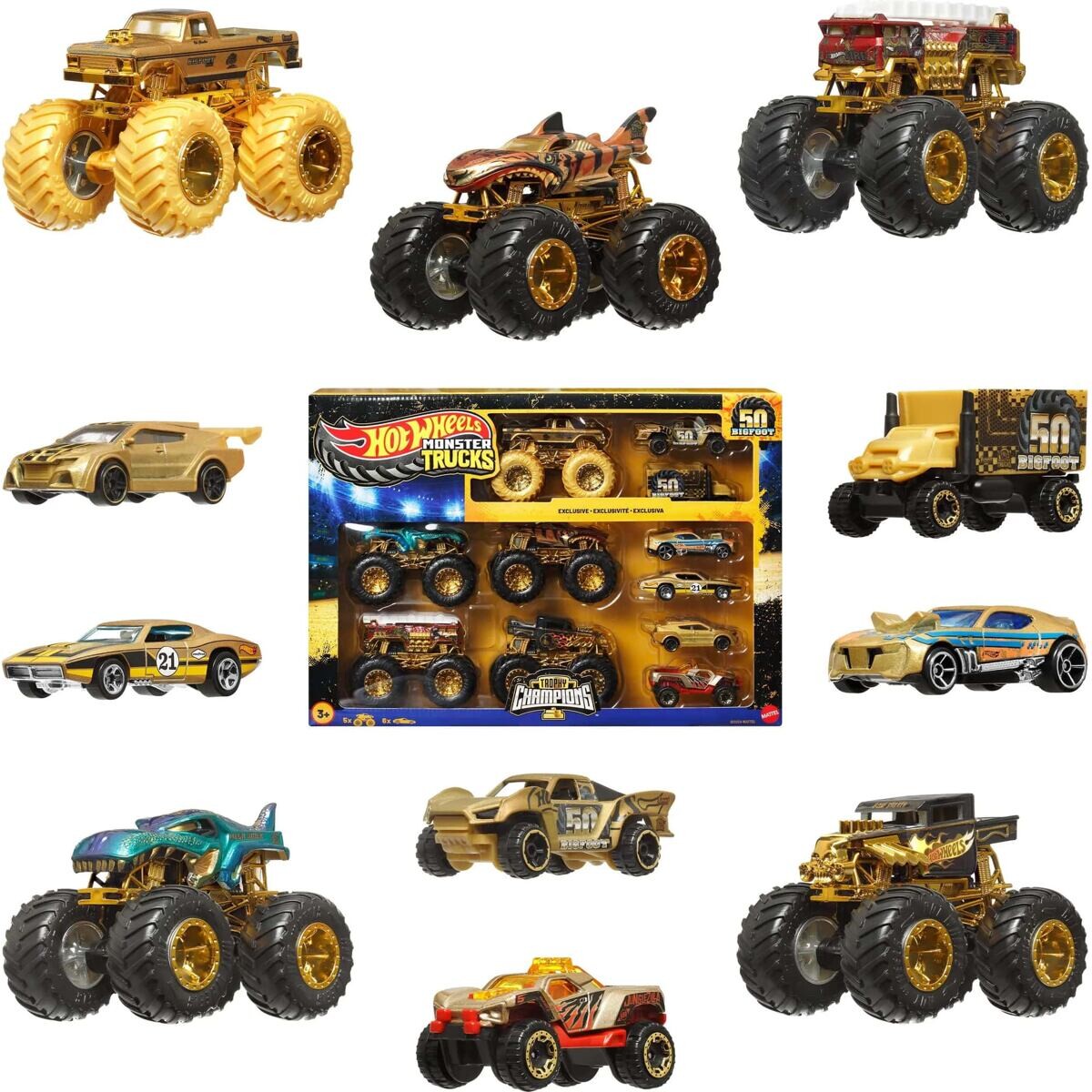 Mattel Hot Wheels Monster Trucks Bigfoot 50. výročie Set angličákov & truckov