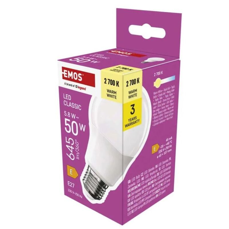 EMOS LED žiarovka Classic A60  E27  5,8 W (50 W)  645 lm  teplá biela ZQ5E31
