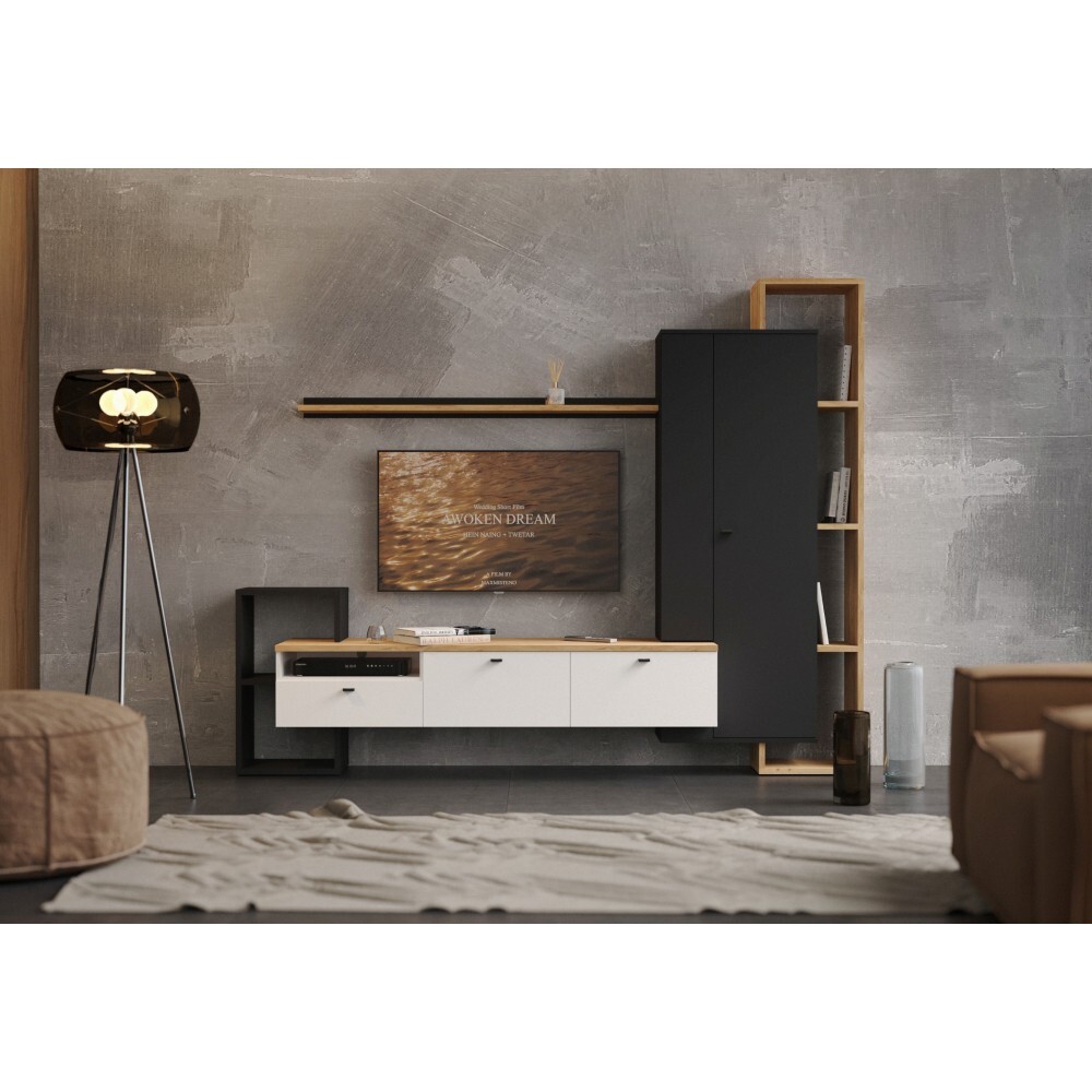 KONDELA Deniso obývacia stena čierna / biela / dub craft zlatý
