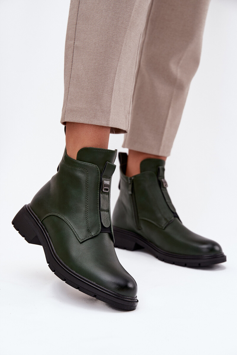 Zateplené dámske kožené zelené členkové čižmy na plochom podpätku - 36