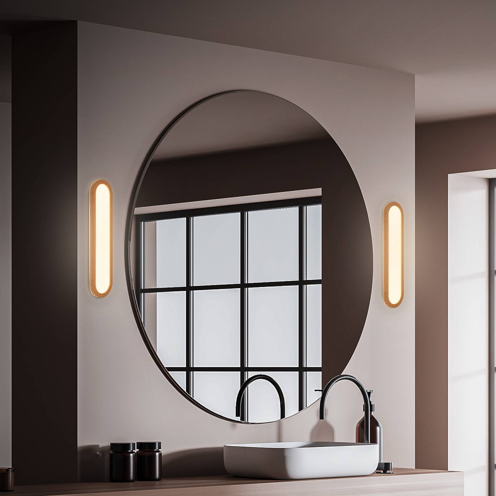 LED kúpeľňové nástenné svetlo Pil, farba dreva, šírka 35 cm, plast