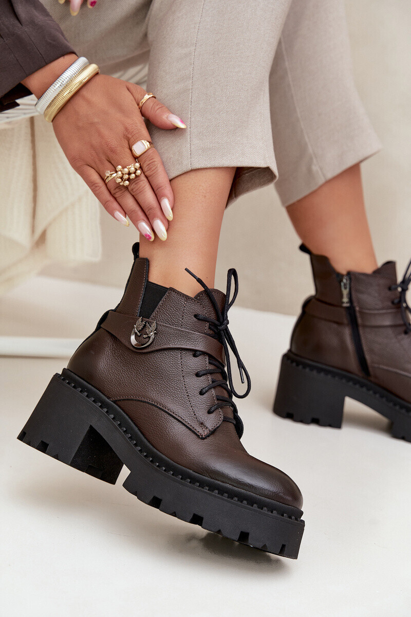 Kožené dámske čižmy na podpätku s ozdobným pásom zateplené Zazoo