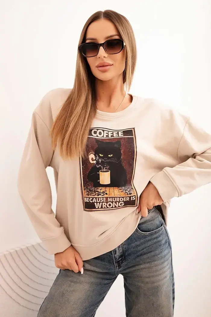 Kesi Włoski Dámska bavlnená mikina s potlačou mačky a nápisom béžová