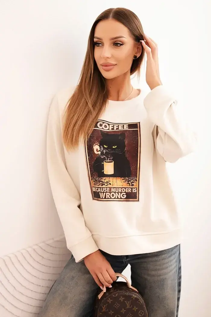 Kesi Włoski Dámska bavlnená mikina s potlačou mačky a nápisom jasno béžová