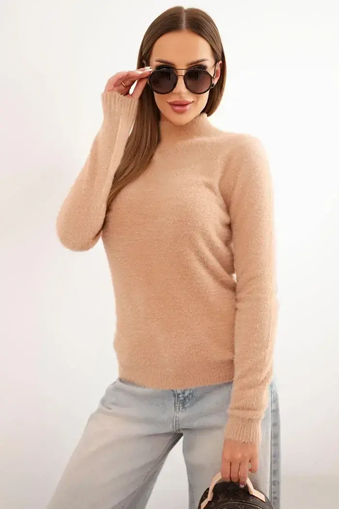 Kesi Włoski Dámsky sveter z alpaky s polovičným golierom camelový