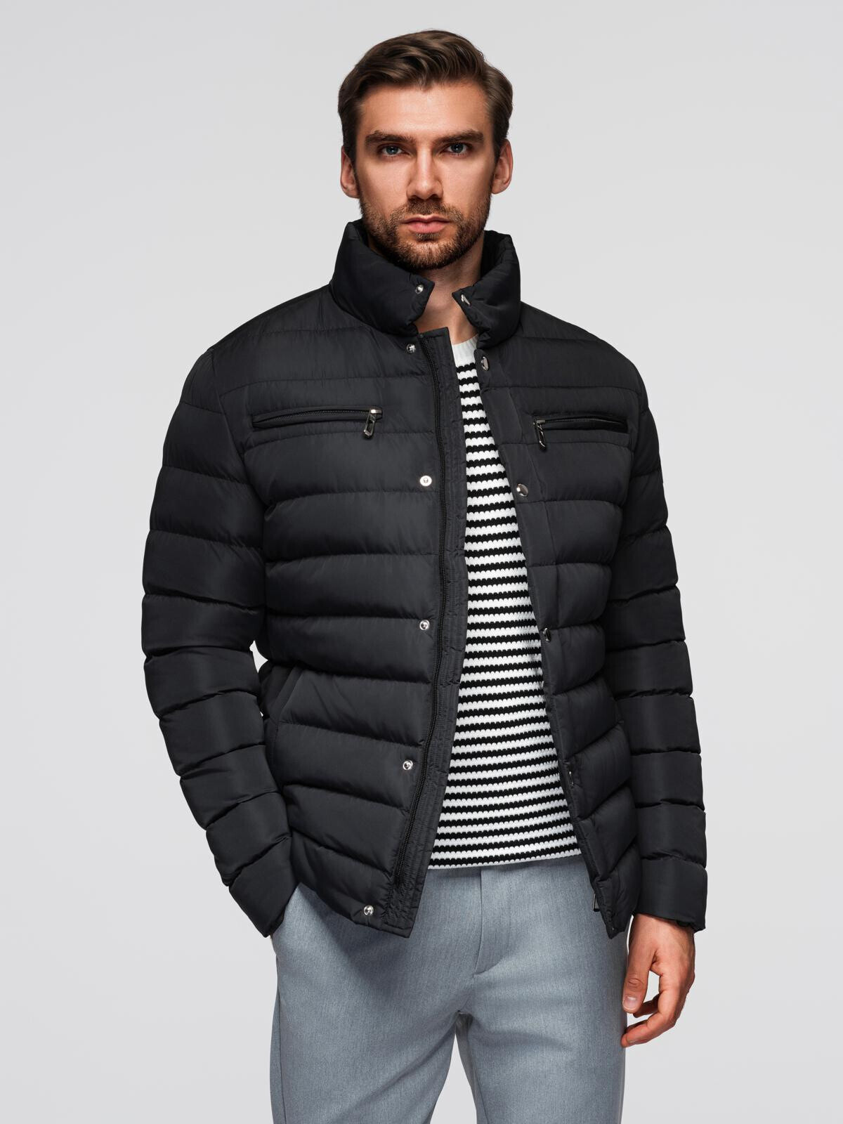 Ombre Men's quilted jacket with stand-up collar and chest zips - black