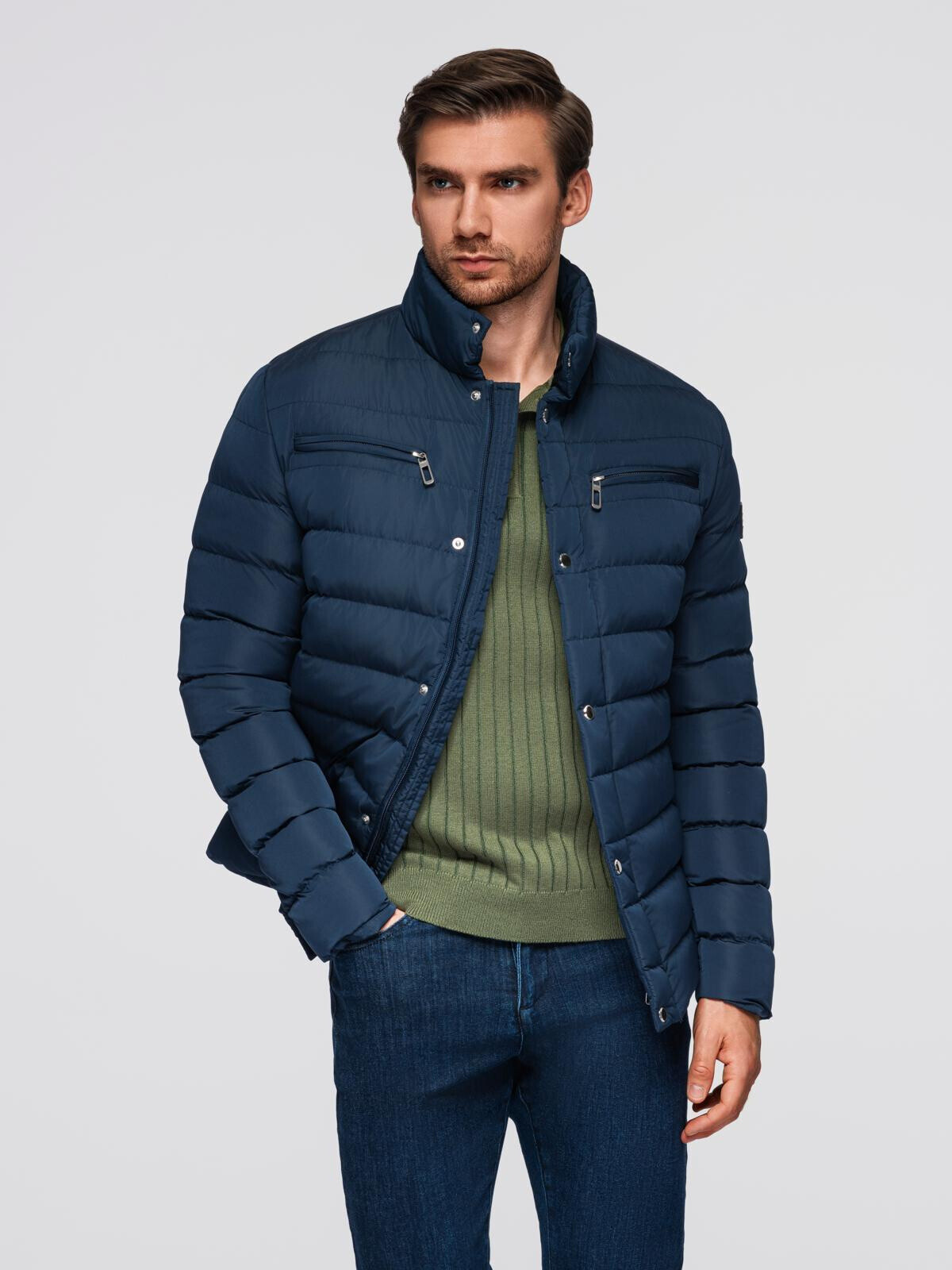 Ombre Men's quilted jacket with stand-up collar and chest zips - navy blue