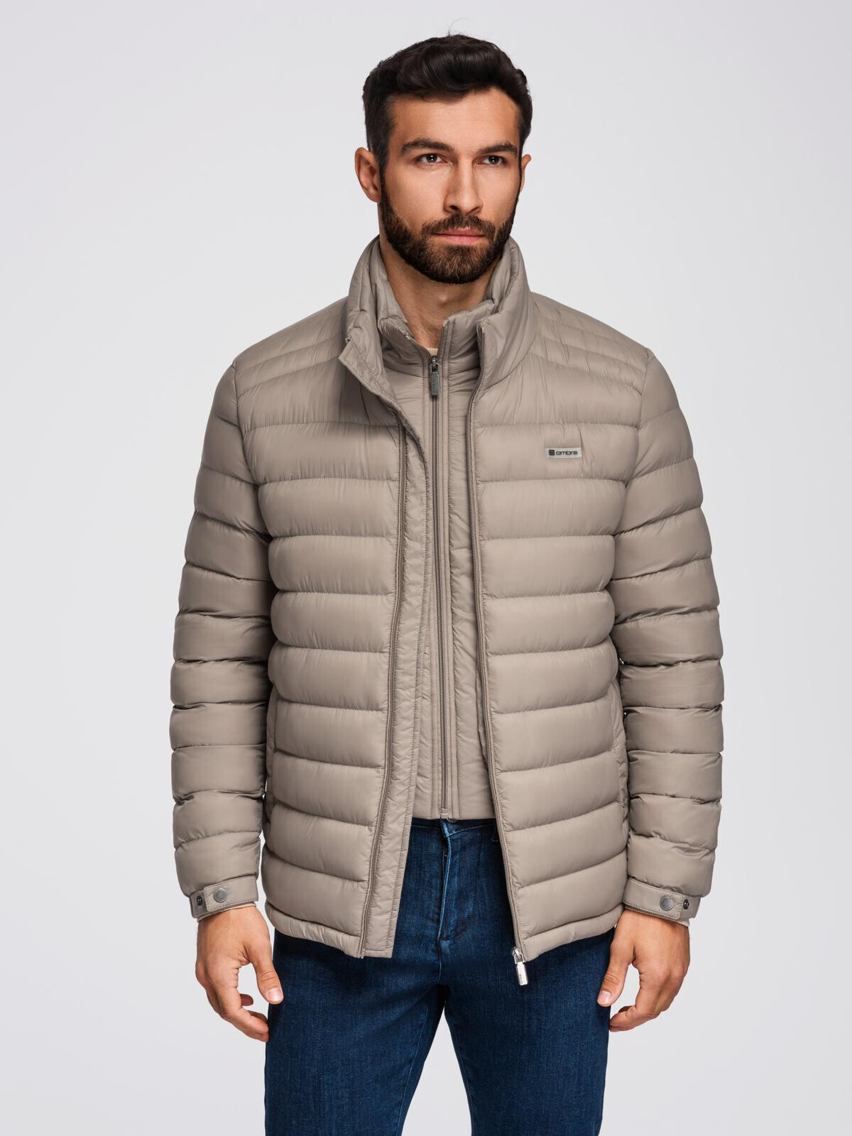 Ombre Classic men's quilted jacket with stand-up collar - dark beige