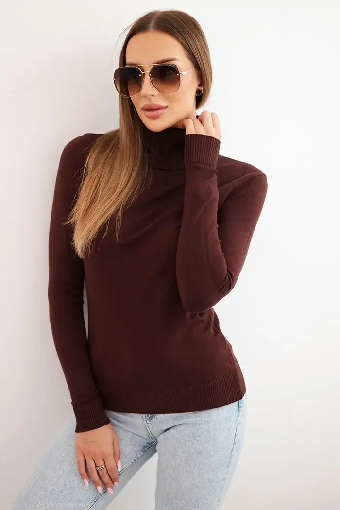 Kesi Włoski Dámsky sveter z viskózy s rolákom a dlhým rukávom hnedý