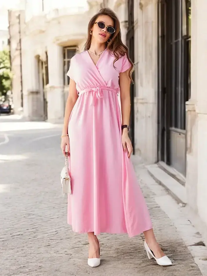 Resti Women's midi dress with a wrap neckline, short sleeves, and a belt