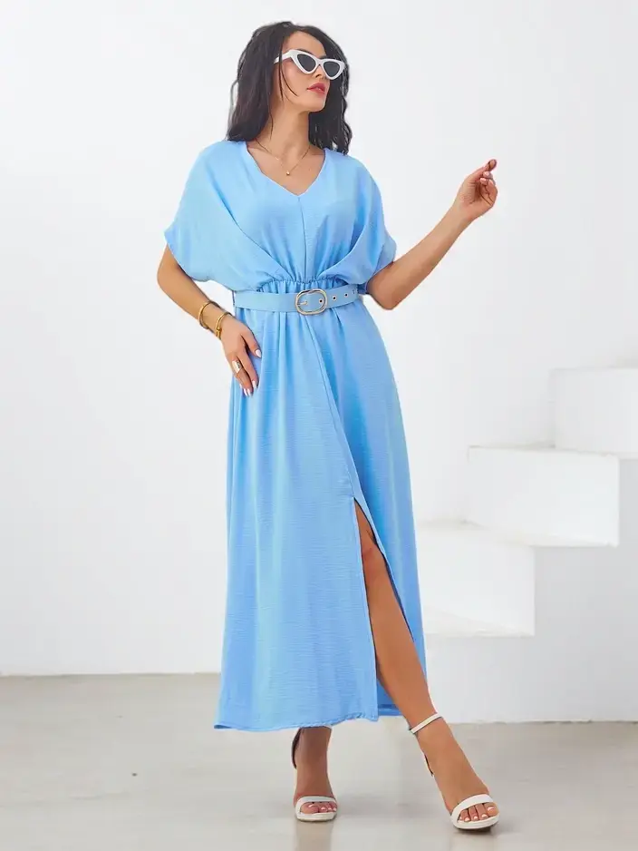 Resti Women's midi dress with short sleeves, V-neck, and a slit in the middle
