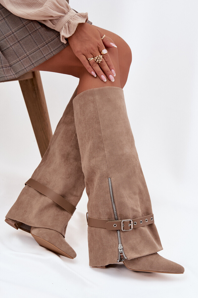 Boto Dámske nazúvacie čižmy na podpätku s ozdobným pásikom Béžové Jolivine