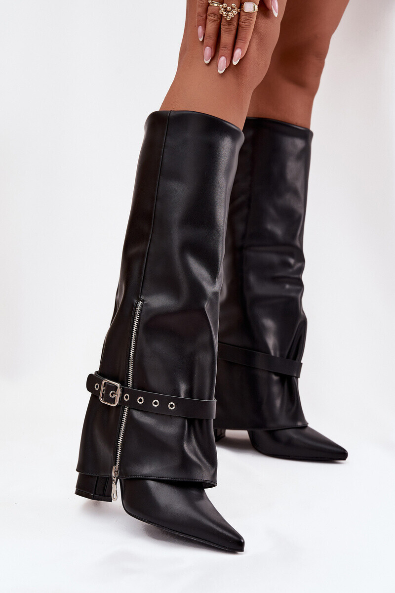 Boto Dámske čižmy na podpätku s ozdobným pásom z eko kože čierne Jolivine