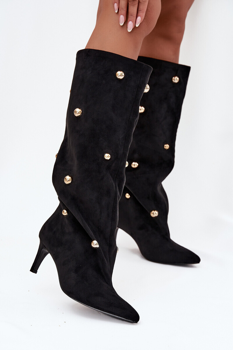 Boto Šmykacie dámske čižmy na podpätku so zlatými ozdobami Čierne Thaliane