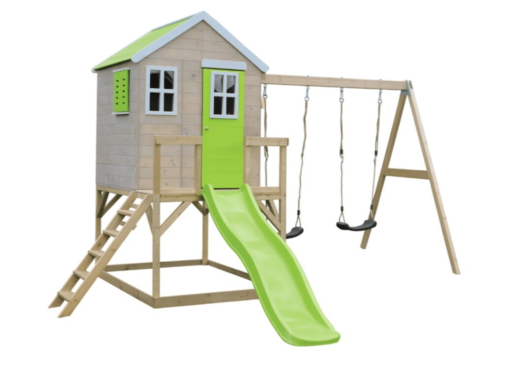 ArtWD Detský záhradný domček s ihriskom HIDE | sivé hojdačky