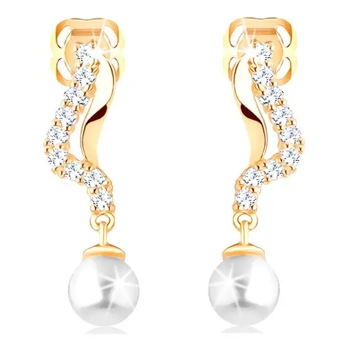 Náušnice v žltom 14K zlate - hladká a zirkónová vlnka, guľatá biela perlička