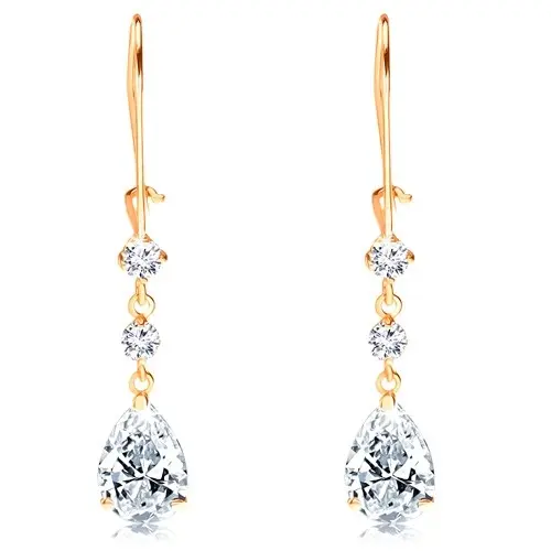 Zlaté náušnice 585 - dva okrúhle zirkóny a brúsená slza v čírej farbe