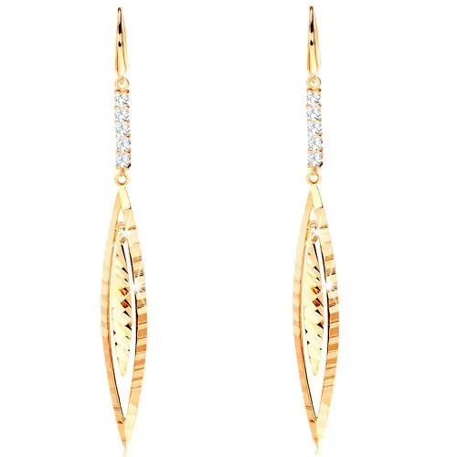 Visiace náušnice zo žltého 14K zlata - línia čírych zirkónov, úzke zrnko