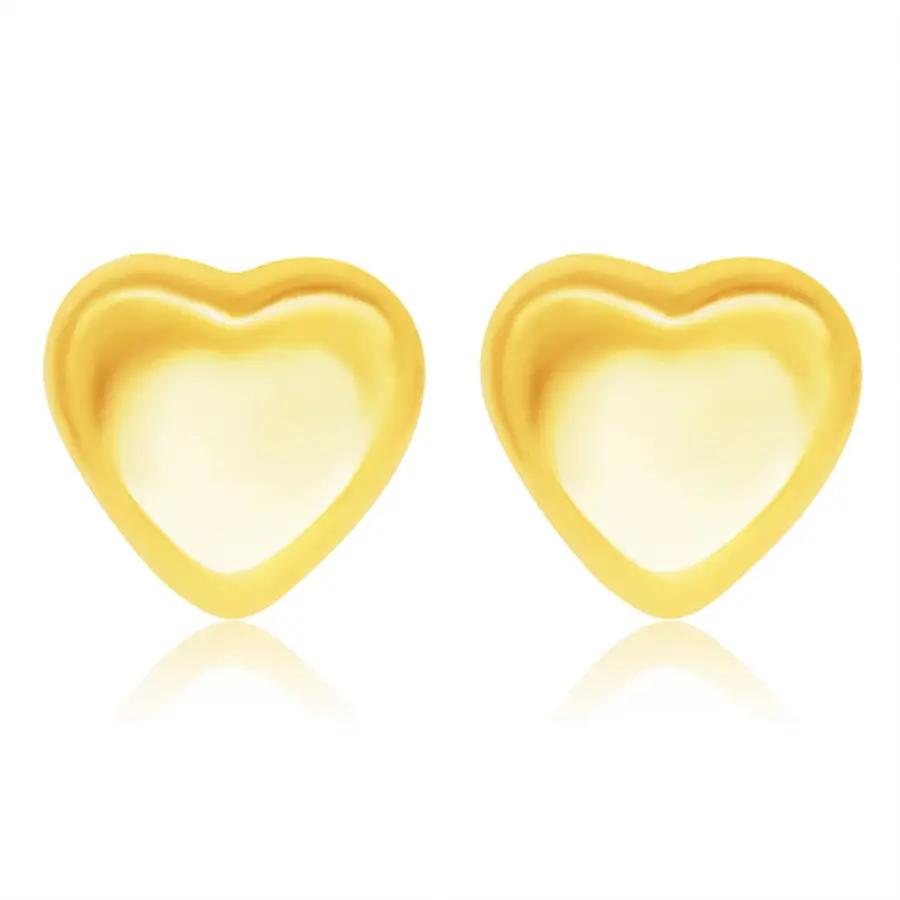 Puzetové náušnice zo žltého 14K zlata - silueta lesklého pravidelného srdiečka