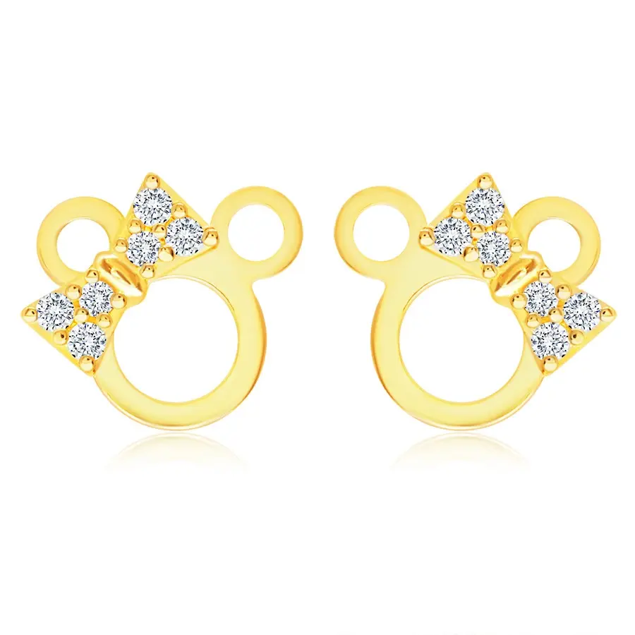 Zlaté náušnice 585 - kontúra myšičky so zirkónovou mašľou na hlave