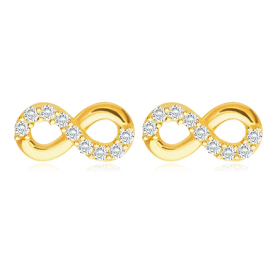 Zlaté náušnice 585 - symbol nekonečna vykladaný ligotavými drobnými zirkónikmi