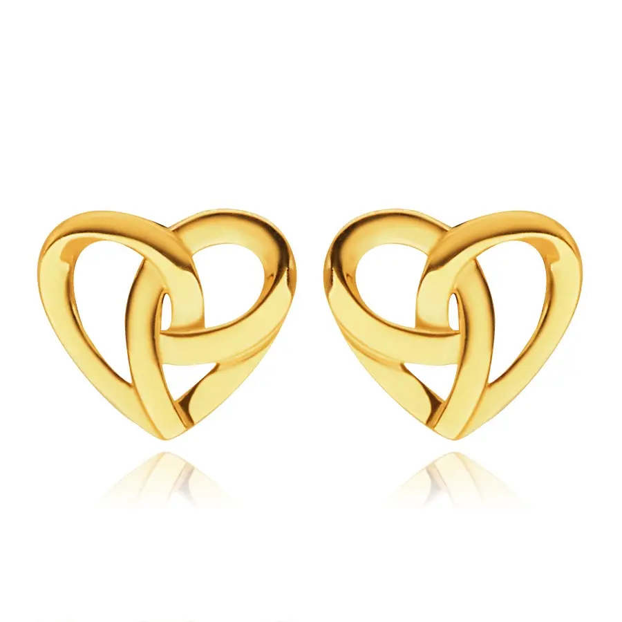 Náušnice v žltom zlate 585 - srdiečko z lesklých prepletených línií
