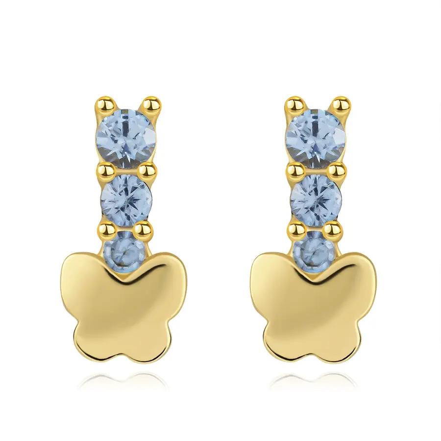 Zlaté náušnice 14K motýľ a modré zirkóny v línii