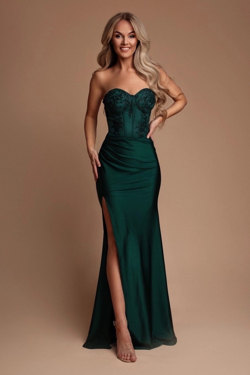 Eva & Lola Smaragdové priliehavé šaty s krajkou Veľkosť: M