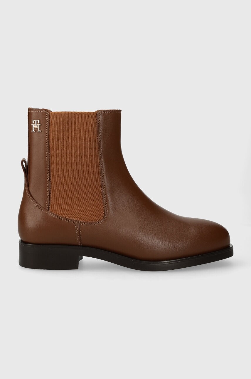 Kožené topánky chelsea Tommy Hilfiger ELEVATED ESSENT THERMO BOOTIE dámske, hnedá farba, na plochom podpätku, FW0FW07483