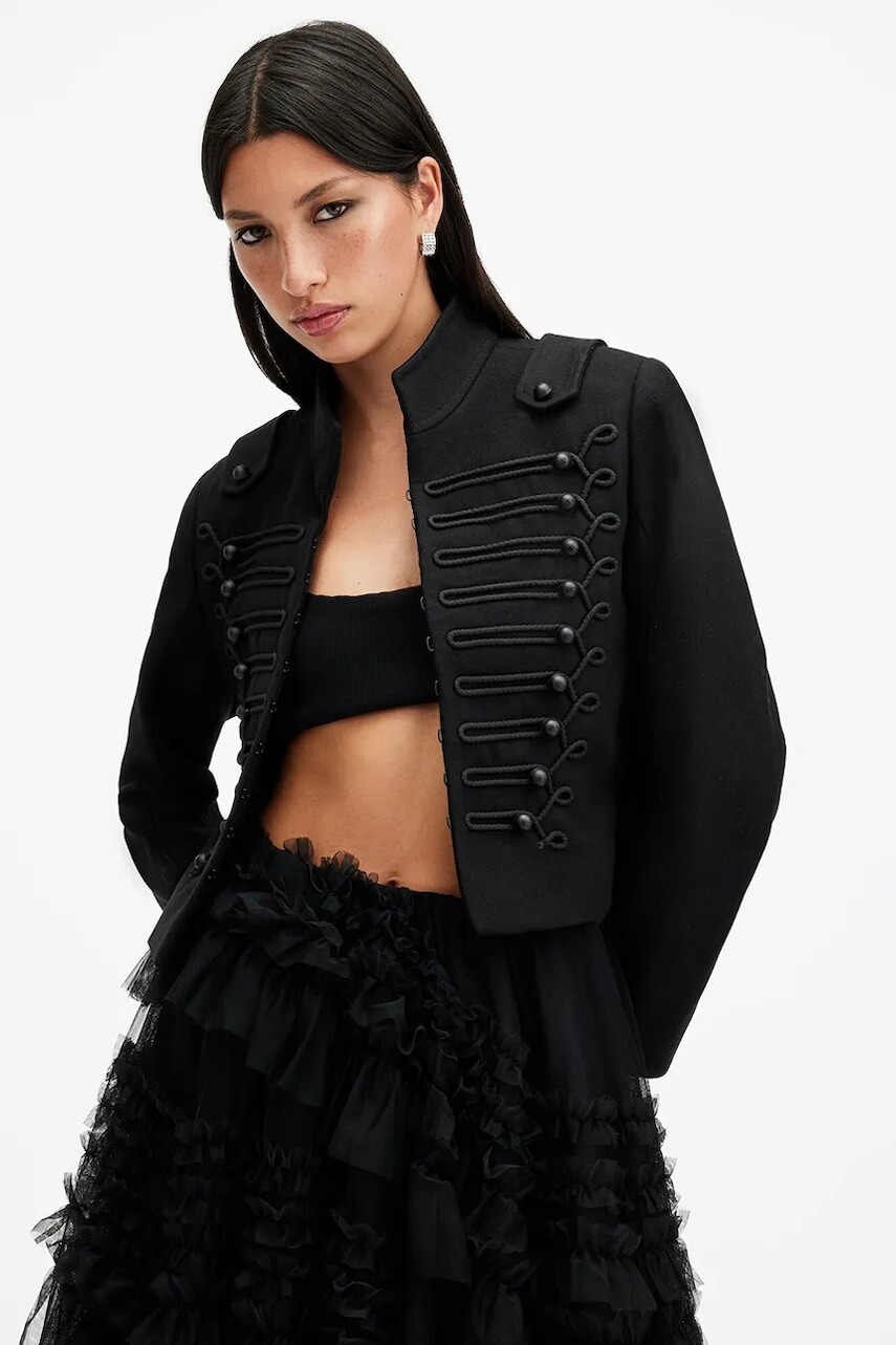 Vlnené sako AllSaints RUMMY čierna farba, jednoradové, W029OC