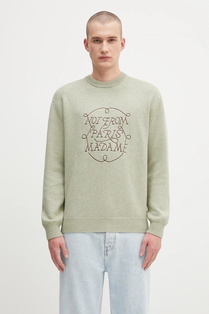 Vlnený sveter Drôle de Monsieur La Maille Slogan Tresses zelená farba, H.PO191.WO023