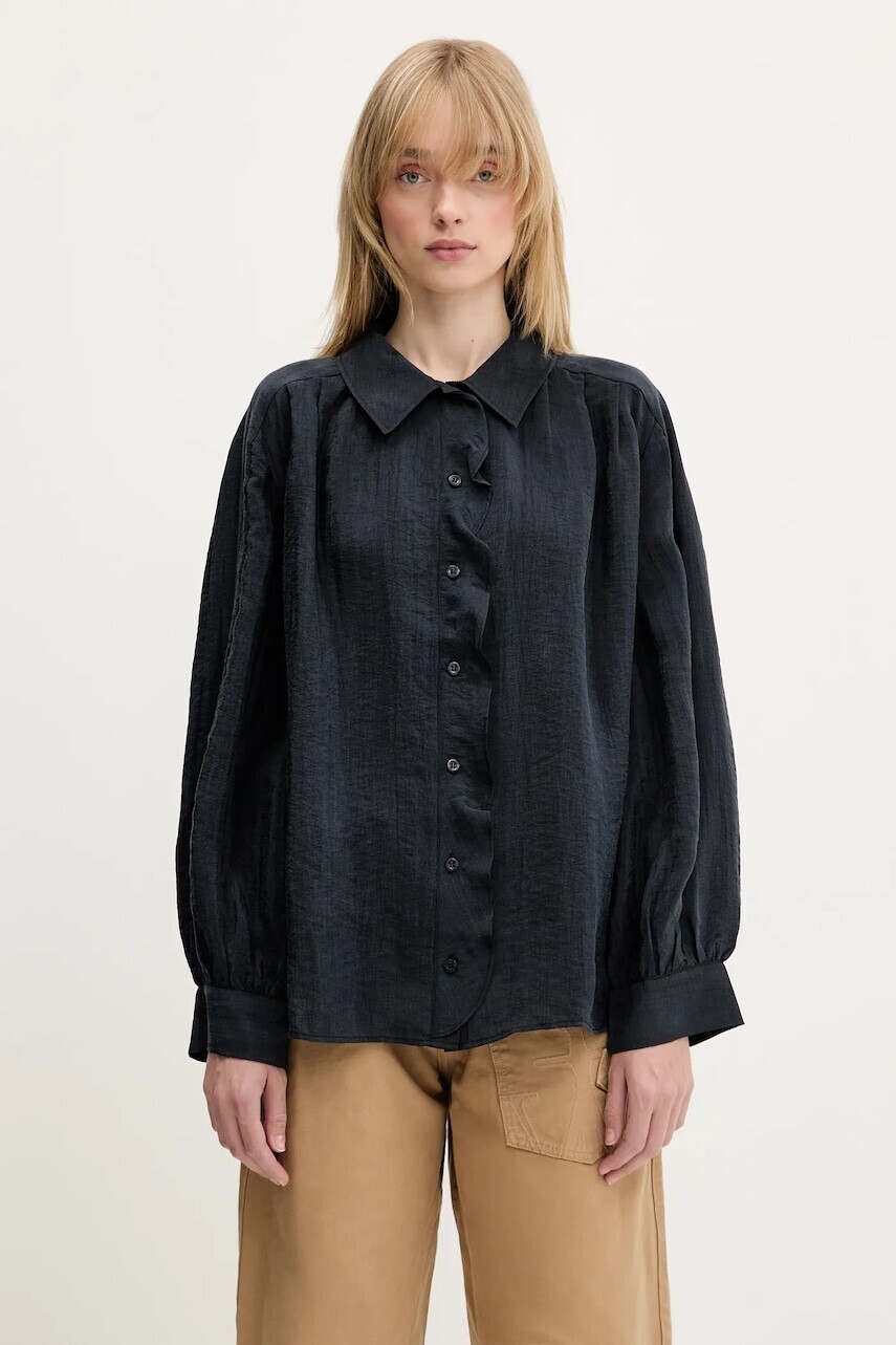 Košeľa Samsoe Samsoe Sathistle tmavomodrá farba, voľný strih, s klasickým golierom, F25100022