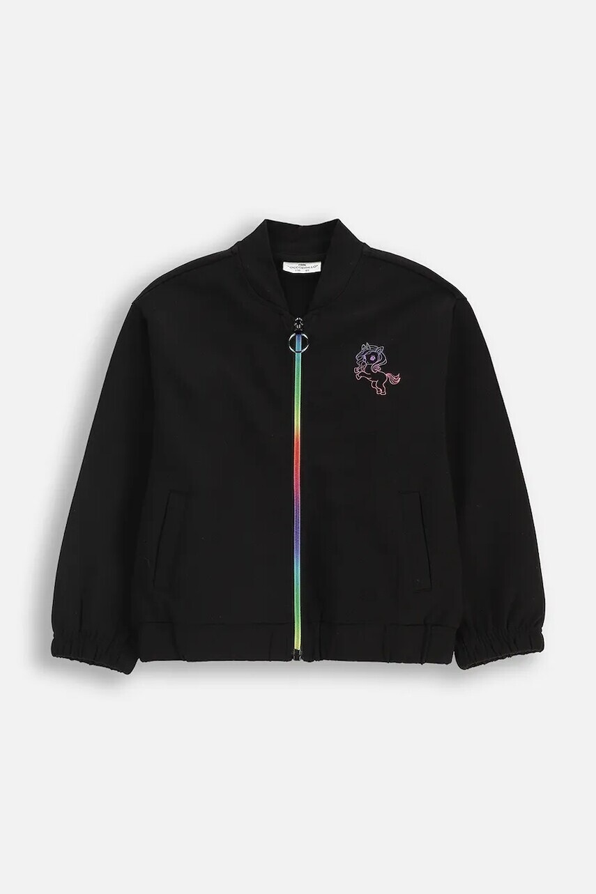 Detská mikina Coccodrillo čierna farba, s kapucňou, s potlačou, RAVE GIRL KIDS