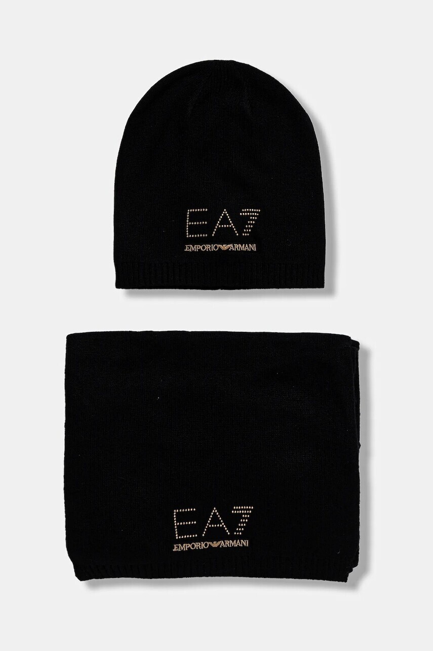 Čiapka a šál s prímesou vlny EA7 Emporio Armani čierna farba, AF16843.7W000717