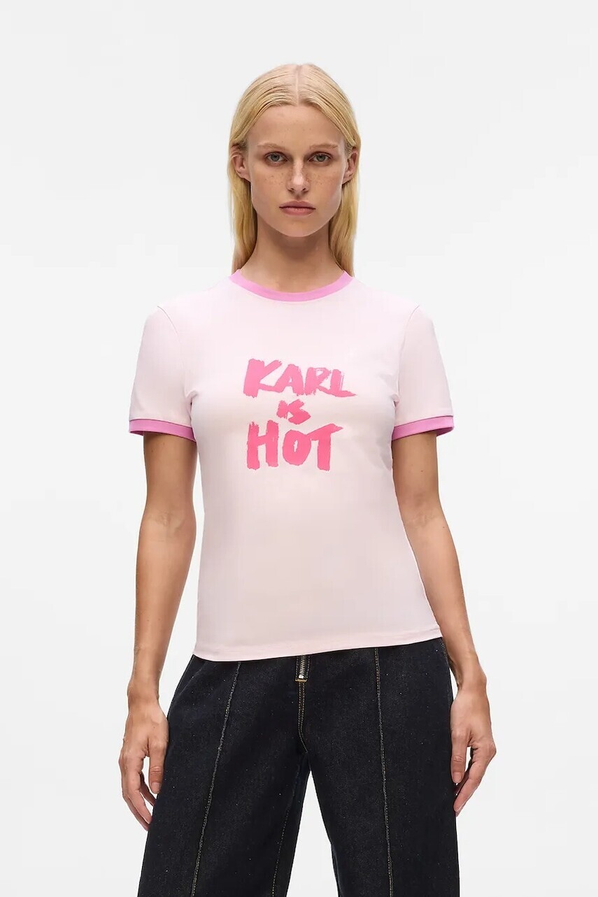Bavlnené tričko Karl Lagerfeld Karl Lagerfeld x Paris Hilton dámske, ružová farba, A4W17102