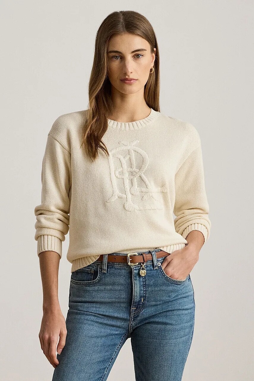 Bavlnený sveter Lauren Ralph Lauren béžová farba, 200979653