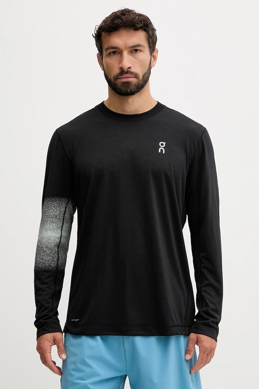Tréningové tričko s dlhým rukávom ON running čierna farba, s potlačou, 1MF30510553