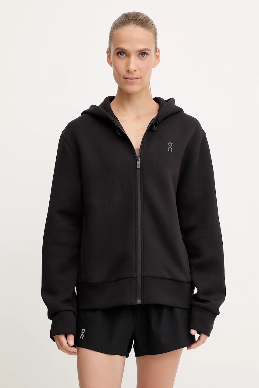 Tréningová mikina ON running Focus Tech čierna farba, s kapucňou, 1WF30370553