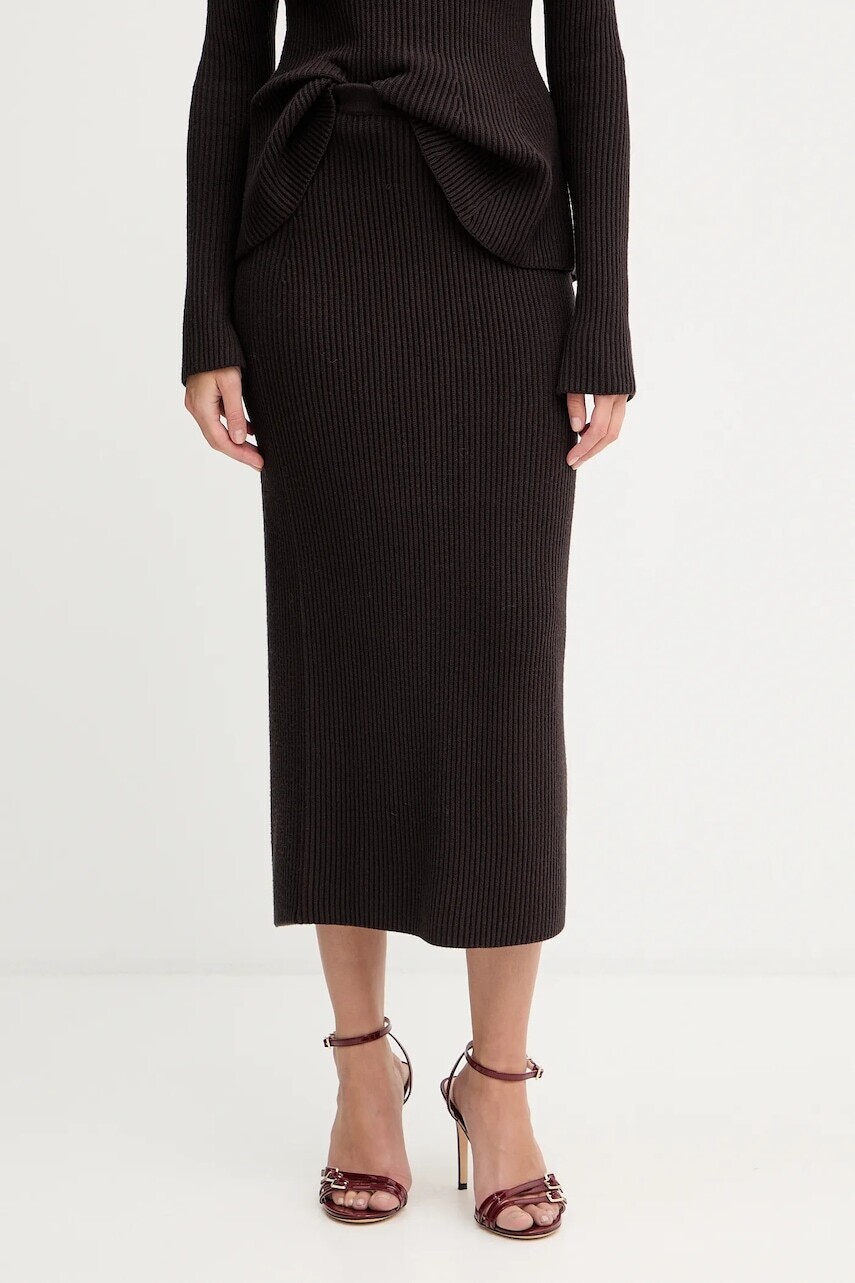 Sukňa s prímesou vlny Twinset hnedá farba, midi, rovný strih, 252TT3142