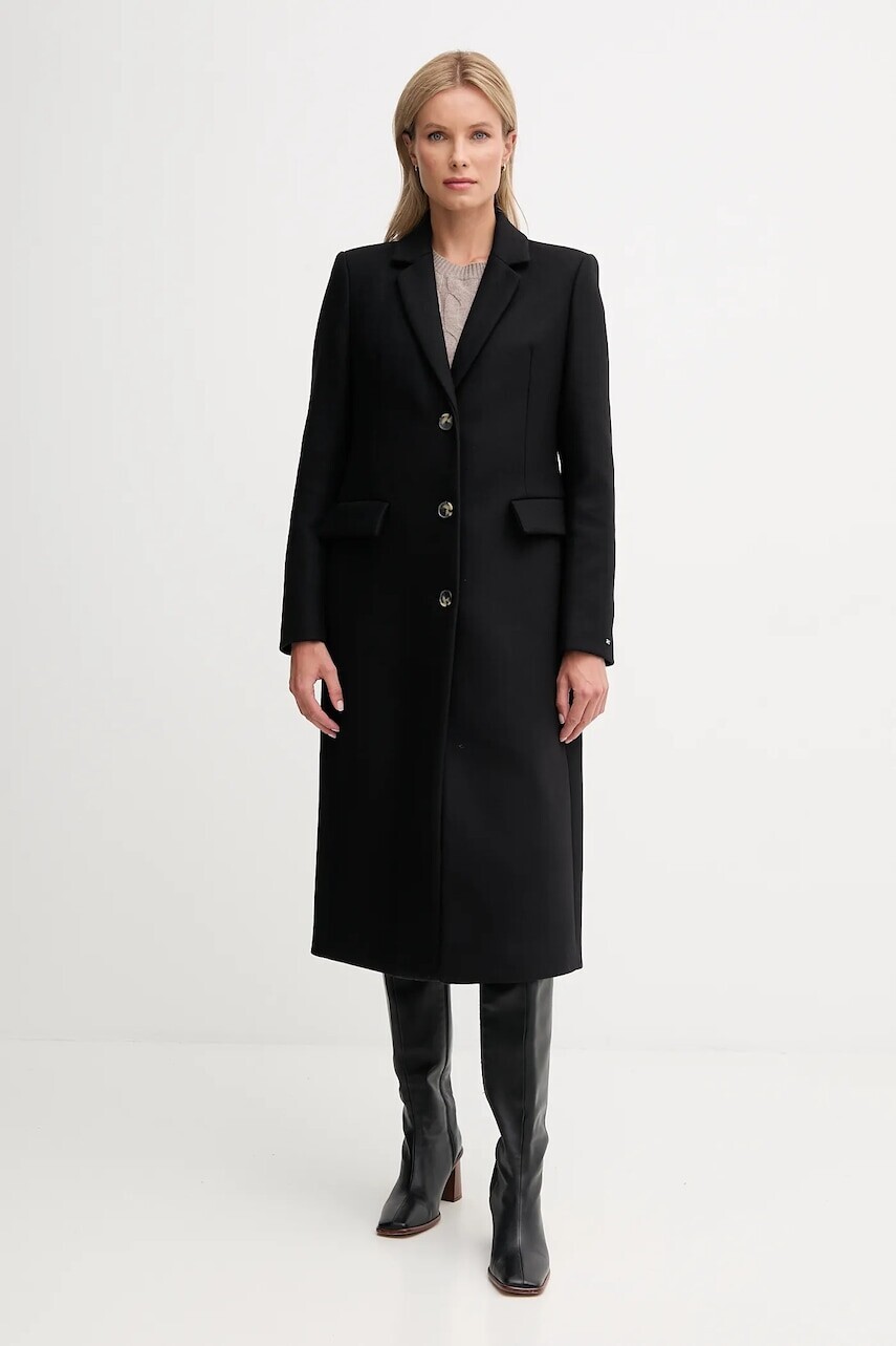 Kabát s prímesou vlny Tommy Hilfiger čierna farba, WW0WW47445