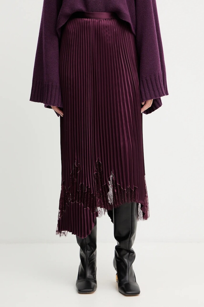 Sukňa BOSS bordová farba, midi, áčkový strih, 50546594