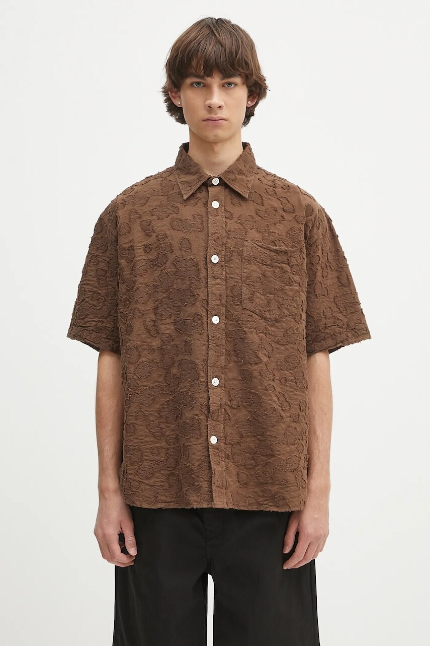 Košeľa Norse Projects Mo Oversized Fil Coupe SS Shirt hnedá farba, voľný strih, s klasickým golierom, N40.0830.2033