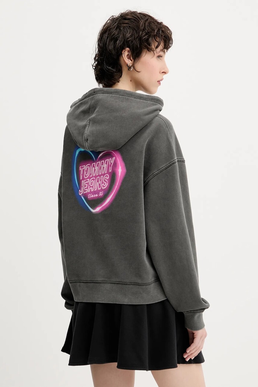 Bavlnená mikina Tommy Jeans šedá farba, s kapucňou, vzorovaná, DW0DW20945