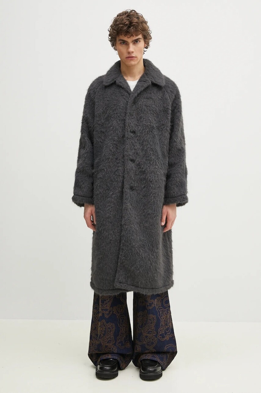 Kabát MKI MIYUKI ZOKU Faux Alpaca Car Coat šedá farba, FAUX.ALPACA.CAR.COAT.CH