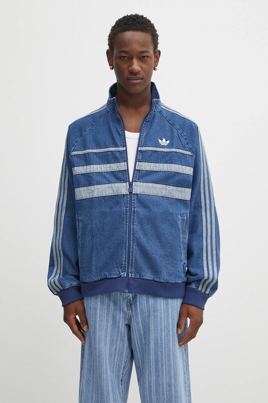 Rifľová bunda adidas Originals First Tt Denim modrá farba, prechodná, JX6457